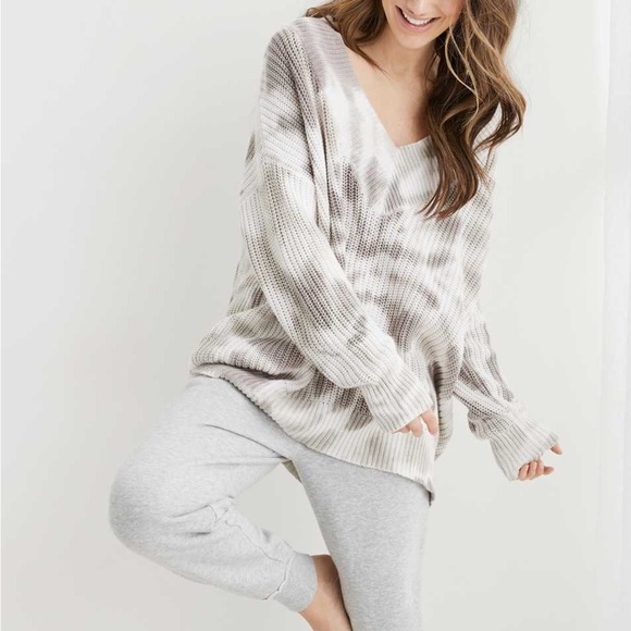 Aerie Oversized Sweater Ivory Brown Tie Dye Ribbed Pullover Long Sleeve Boho M - Picture 2 of 11